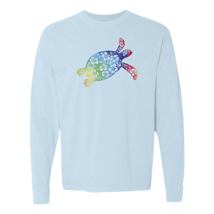 Blue long sleeve with a colorful turtle design graphic.