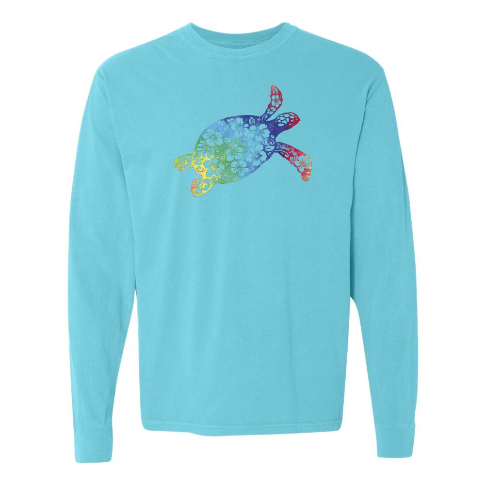 Blue long sleeve with a colorful turtle design graphic.