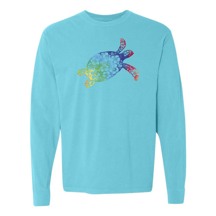 Blue long sleeve with a colorful turtle design graphic.