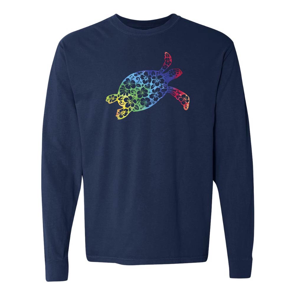 Navy long sleeve with a colorful turtle design graphic.