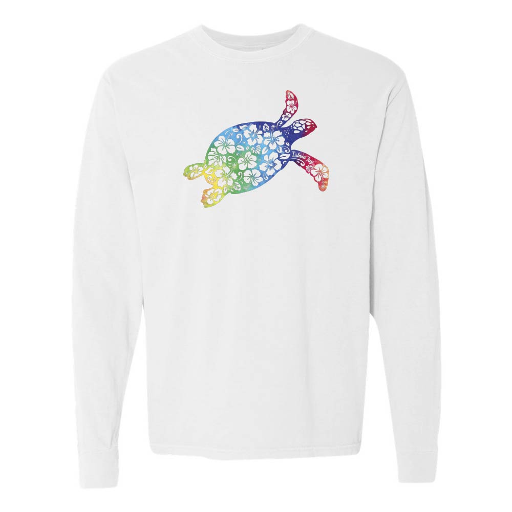 White long sleeve with a colorful turtle design graphic.
