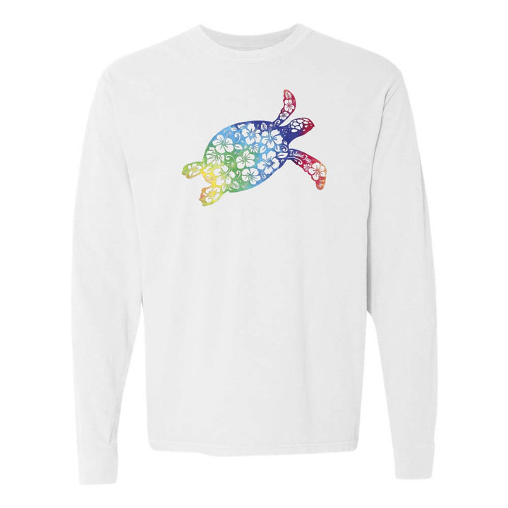 White long sleeve with a colorful turtle design graphic.