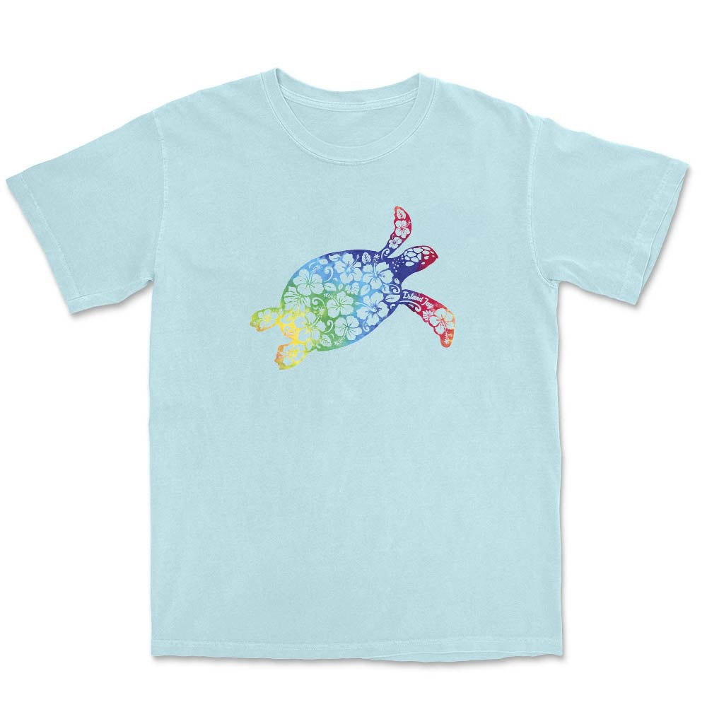 Light blue T-Shirt with rainbow turtle graphic.