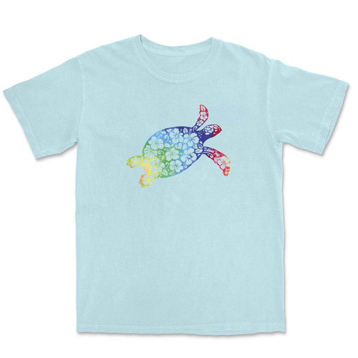 Light blue T-Shirt with rainbow turtle graphic.