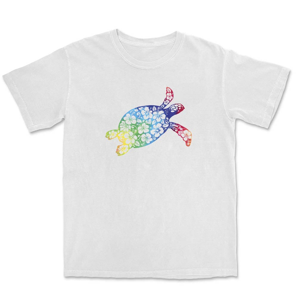 White T-Shirt with rainbow turtle graphic.