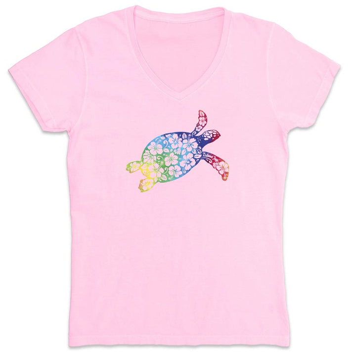 Pink V-Neck T-Shirt with rainbow hibiscus turtle graphic.