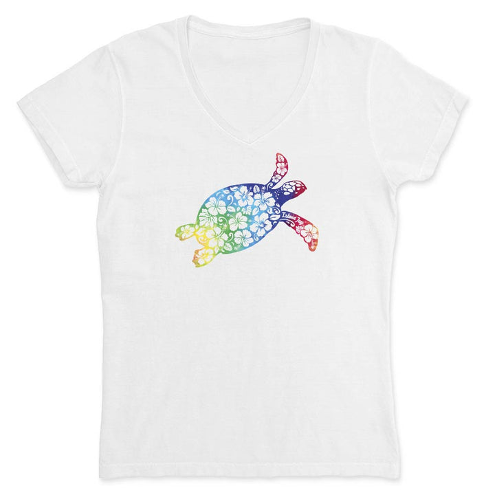 White V-Neck T-Shirt with rainbow hibiscus turtle graphic.