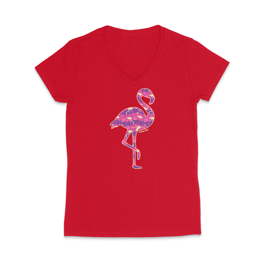 Red v-neck t-shirt with a colorful flamingo design on a white background