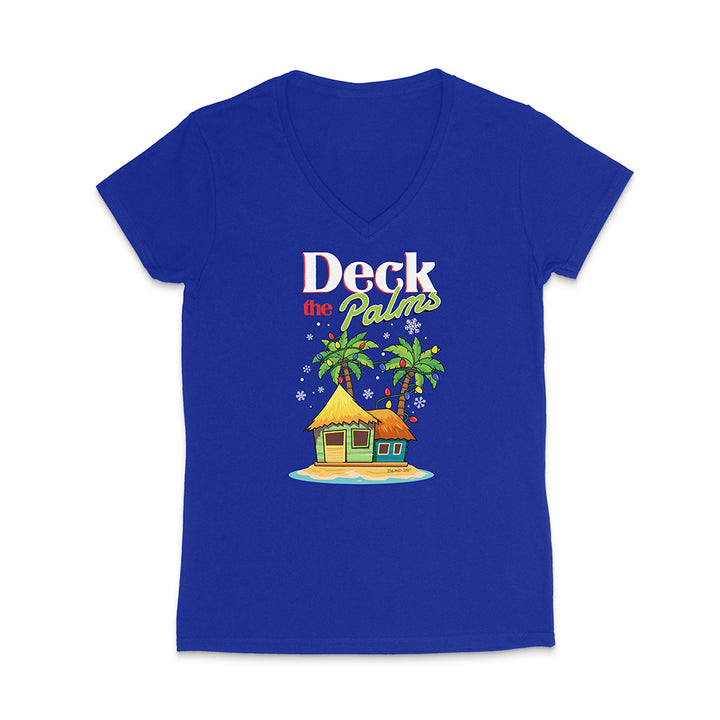 Royal Blue t-shirt with a tropical hut and palm trees graphic and 'Deck the Palms' text on a white background.