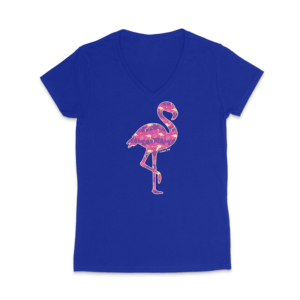 Blue v-neck t-shirt with a colorful flamingo design on a white background