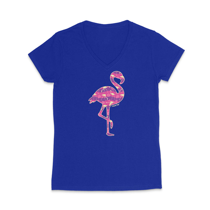 Blue v-neck t-shirt with a colorful flamingo design on a white background