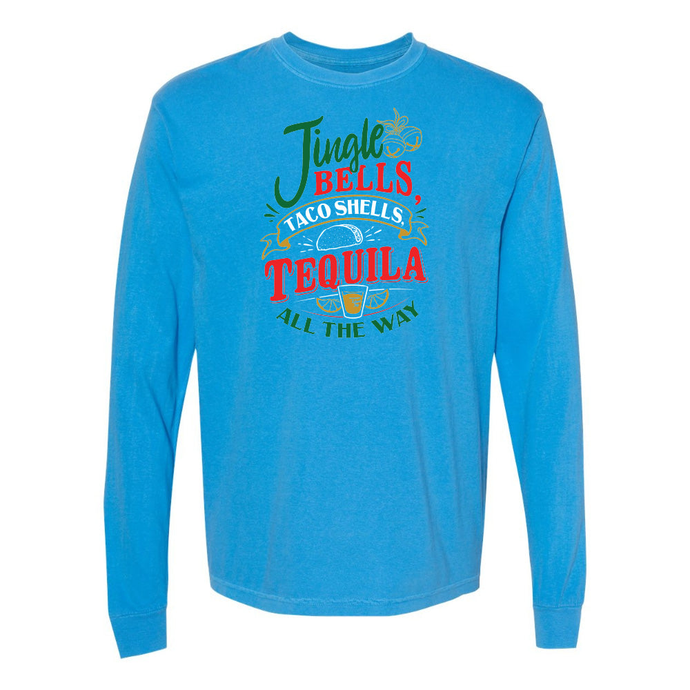 Blue long-sleeve shirt with humorous text design on a white background