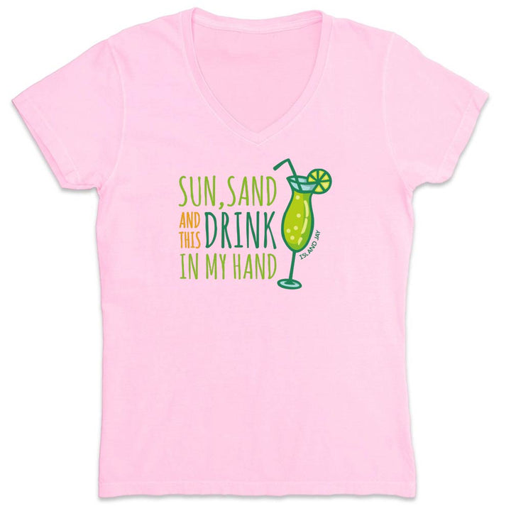 Pink t-shirt with a graphic of a cocktail and text.