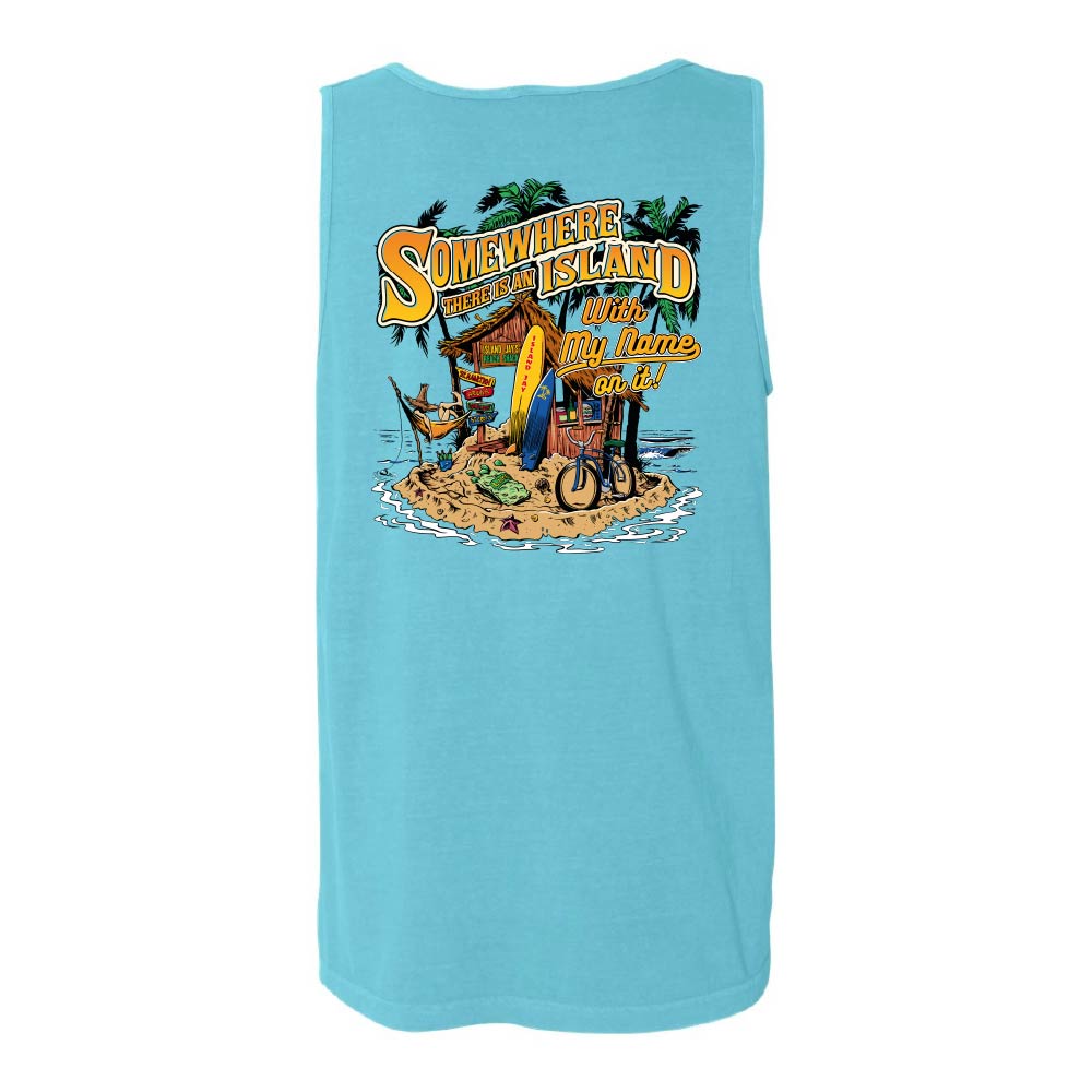 Blue tank top with "Somewhere There Is An Island With My Name On It" graphic design.