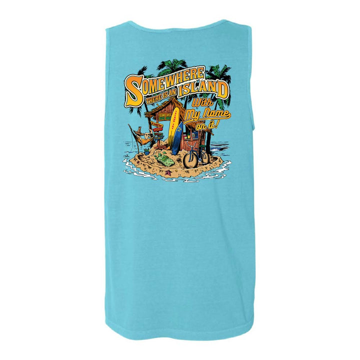 Blue tank top with "Somewhere There Is An Island With My Name On It" graphic design.