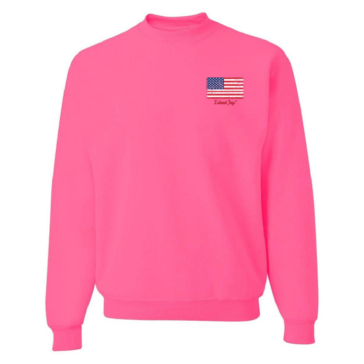 Pink sweatshirt with American flag design on a white background