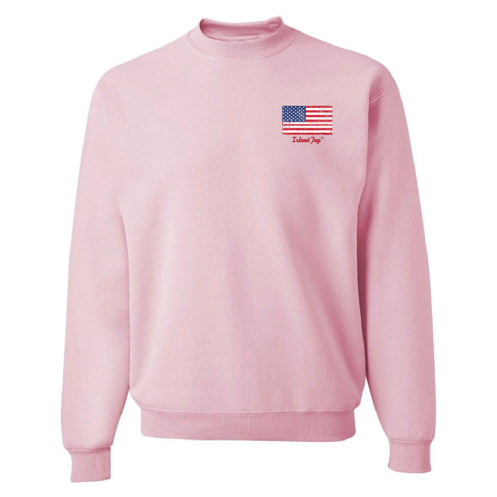 Pink sweatshirt with American flag design on a white background