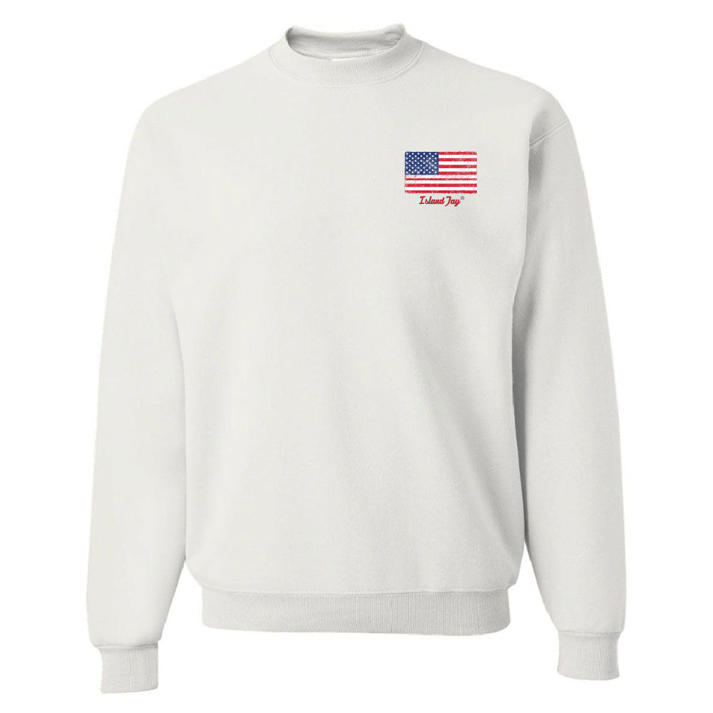 White sweatshirt with American flag design on a white background