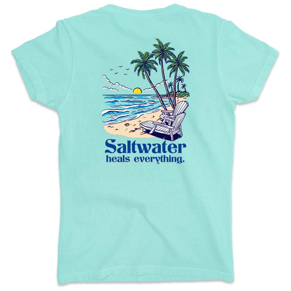 Light blue t-shirt with a beach graphic and 'Saltwater heals everything' text on a white background