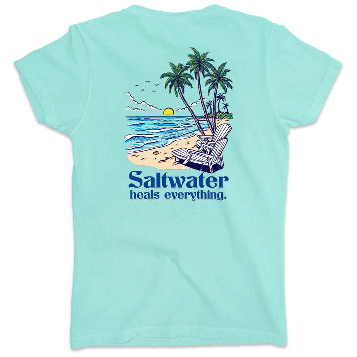 Light blue t-shirt with a beach graphic and 'Saltwater heals everything' text on a white background