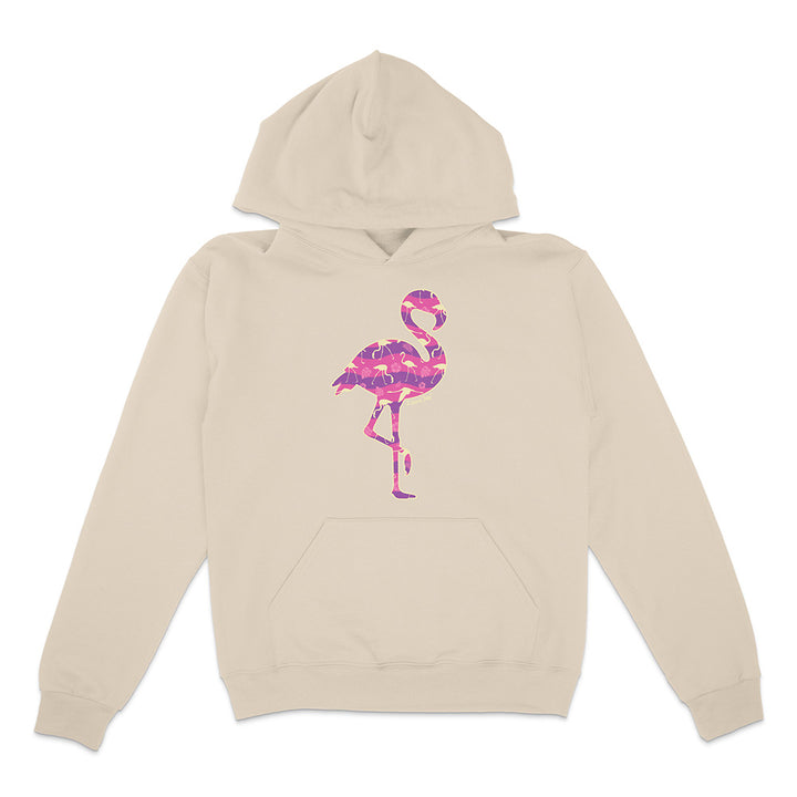 Beige hoodie with a colorful flamingo design on a white background.