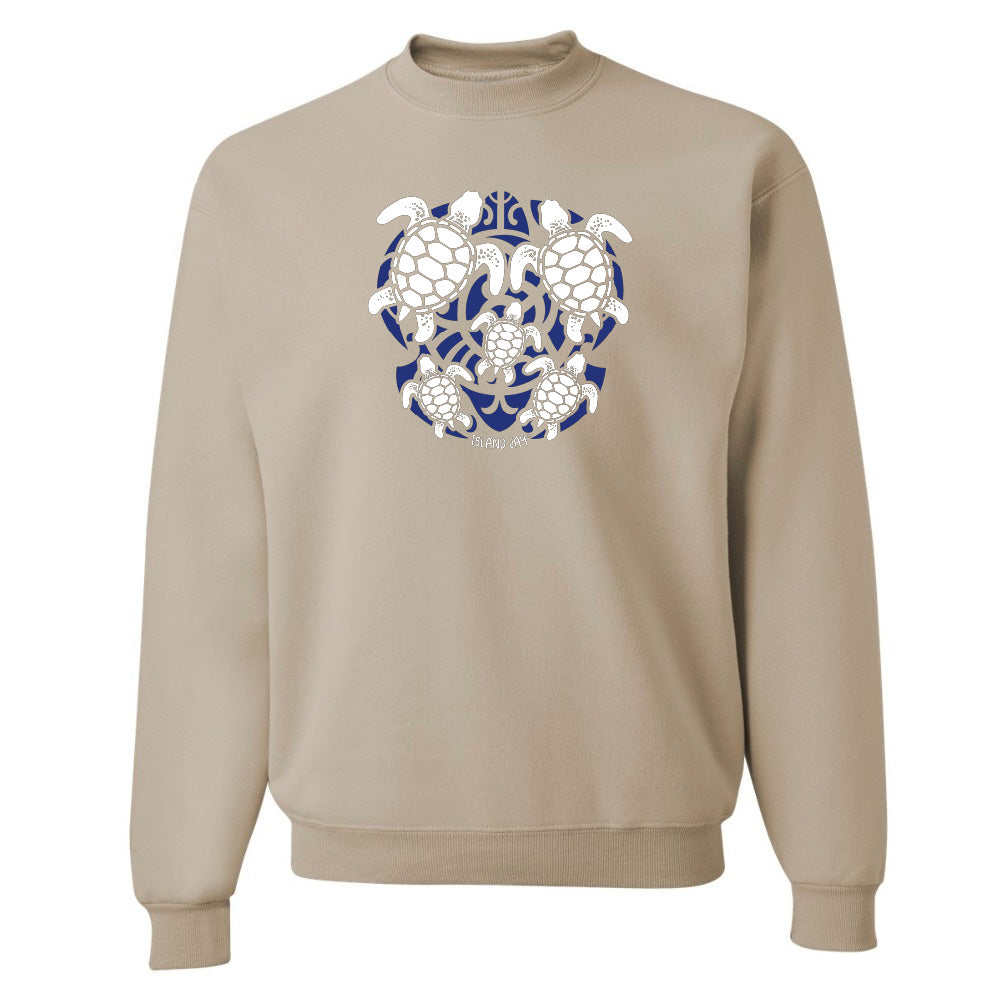 Beige hoodie with a blue and white turtle graphic on a white background