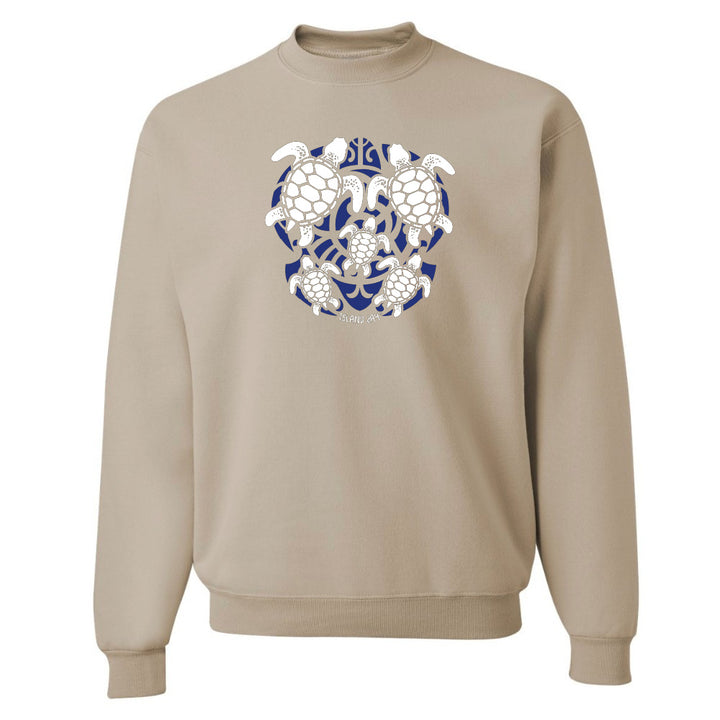 Beige hoodie with a blue and white turtle graphic on a white background