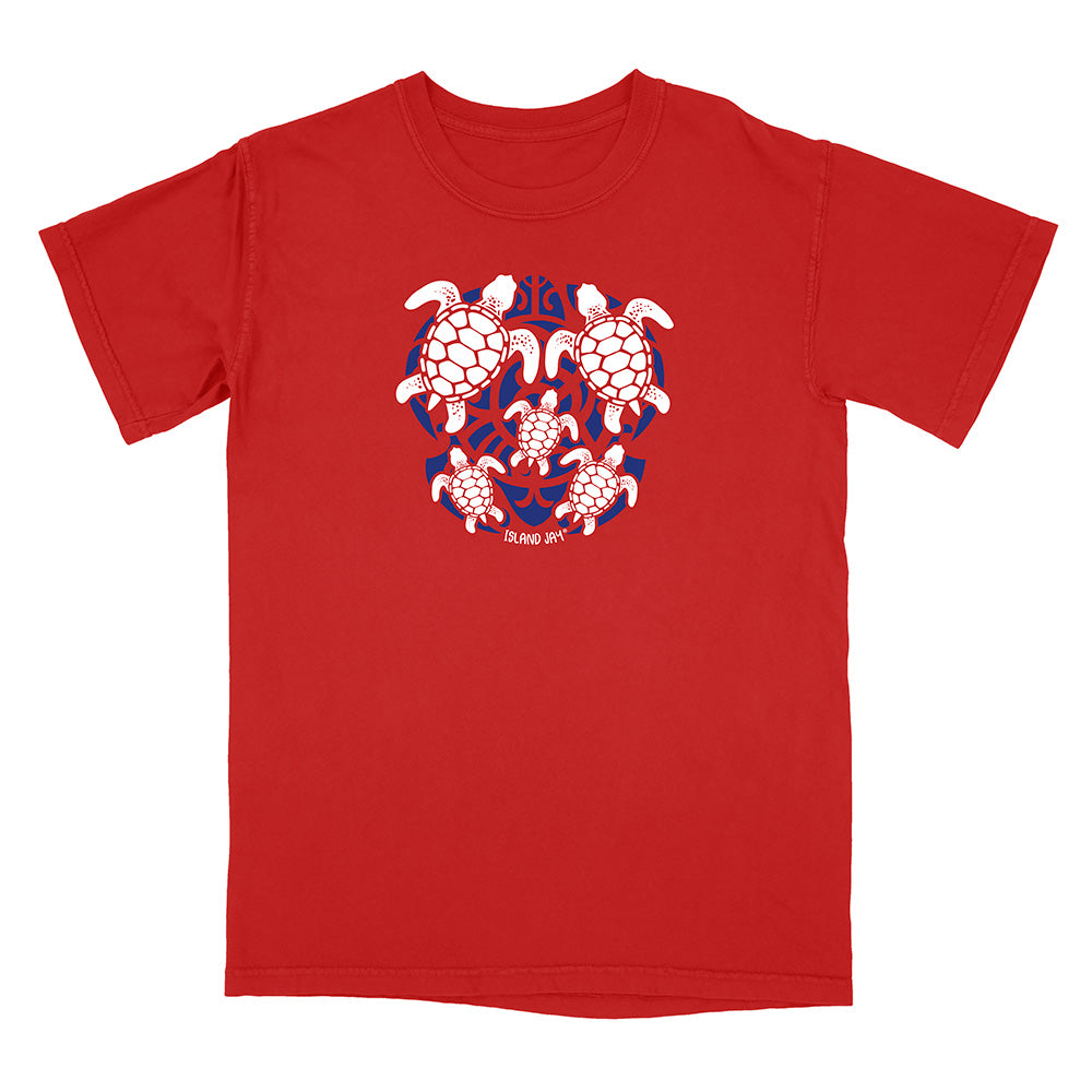 Red t-shirt with turtle graphic design on a white background