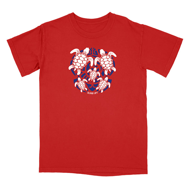 Red t-shirt with turtle graphic design on a white background