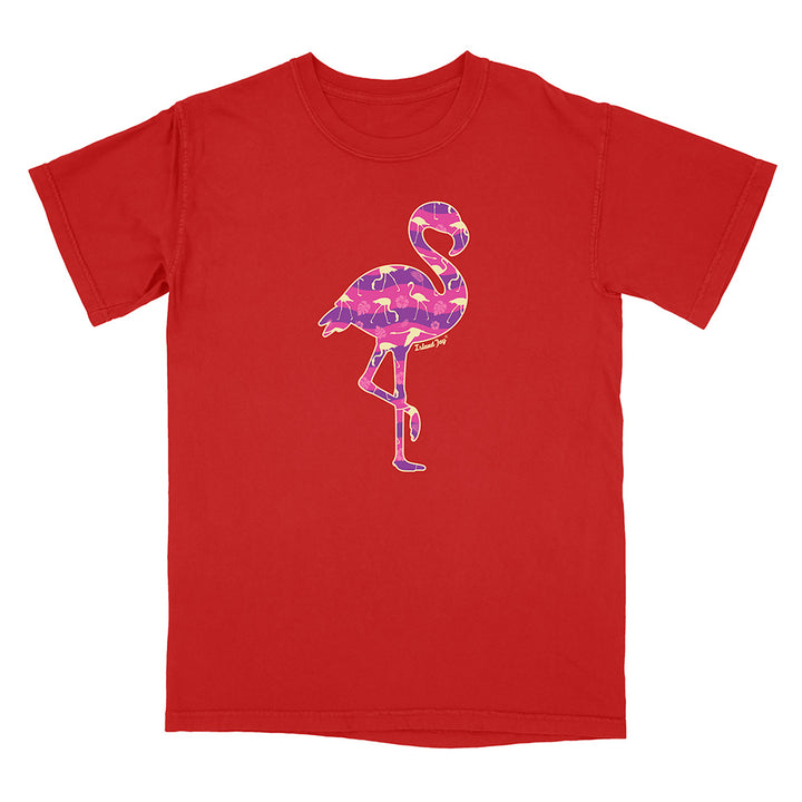 Red t-shirt with a pink flamingo design on a white background.