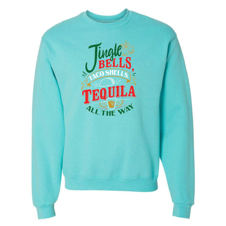 Turquoise sweatshirt with colorful text design on a white background