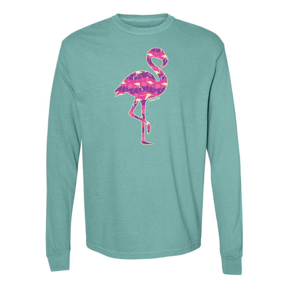 Teal  long-sleeve shirt with a pink flamingo design on a white background