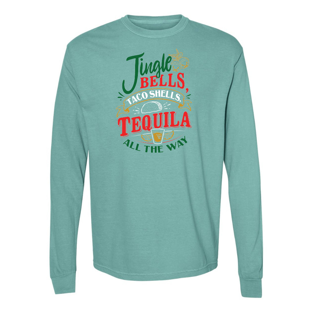 Teal long-sleeve shirt with humorous text design on a white background