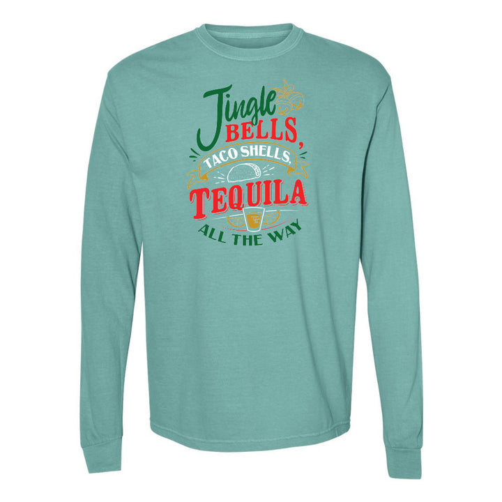 Teal long-sleeve shirt with humorous text design on a white background