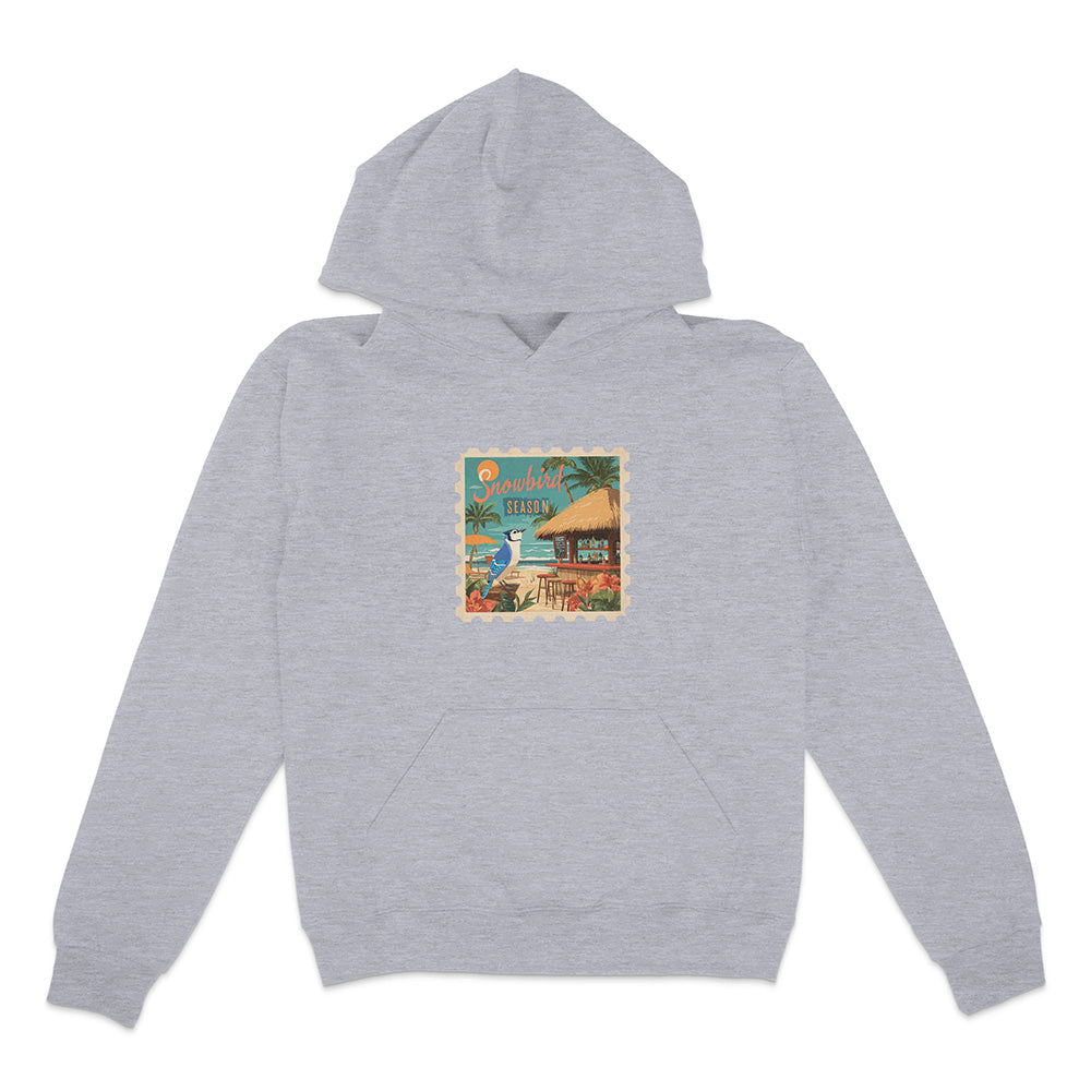 Gray hoodie with a colorful graphic on the chest against a white background