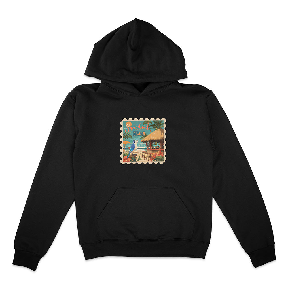 Black hoodie with a colorful graphic on the chest against a white background
