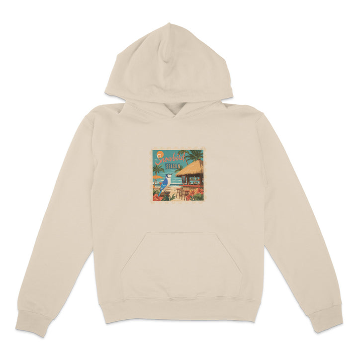 Beige hoodie with a colorful graphic on the chest against a white background
