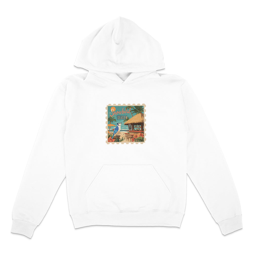 White hoodie with a colorful graphic on the chest against a white background