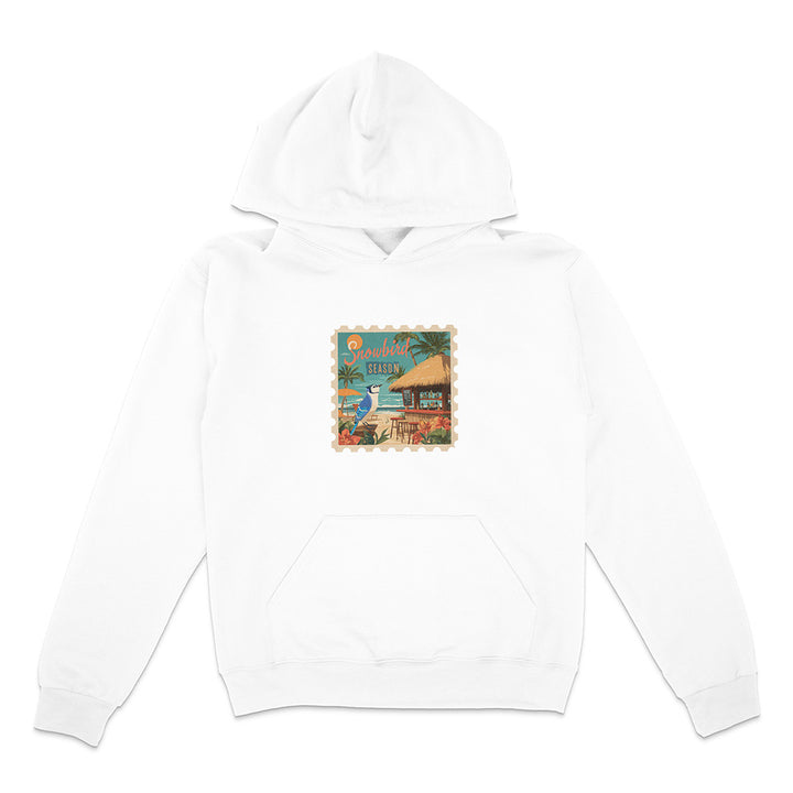 White hoodie with a colorful graphic on the chest against a white background