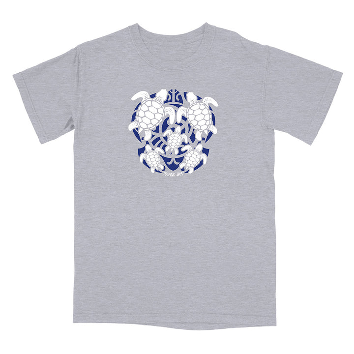 Gray t-shirt with a blue and white turtle design on a white background