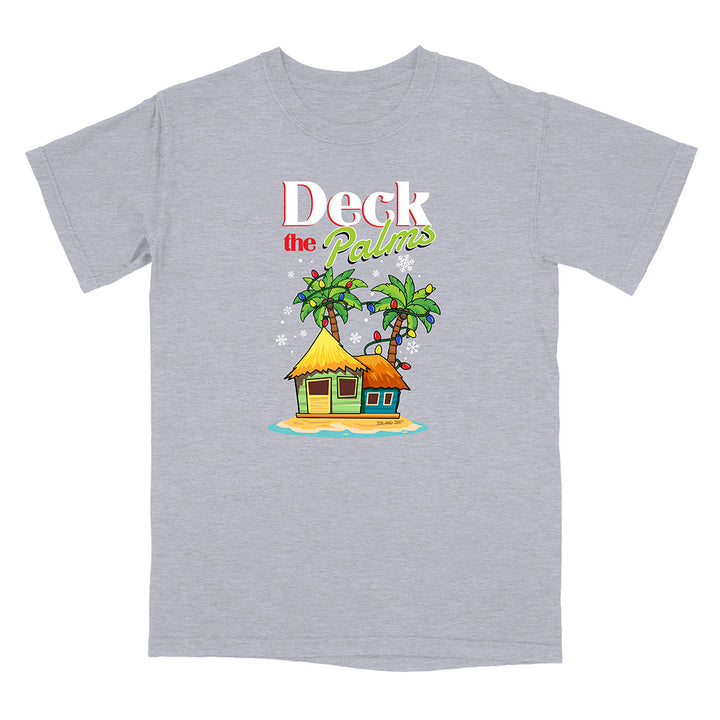 Gray t-shirt with a tropical hut and palm tree design with graphic text reading "Deck The Palms" on a white background