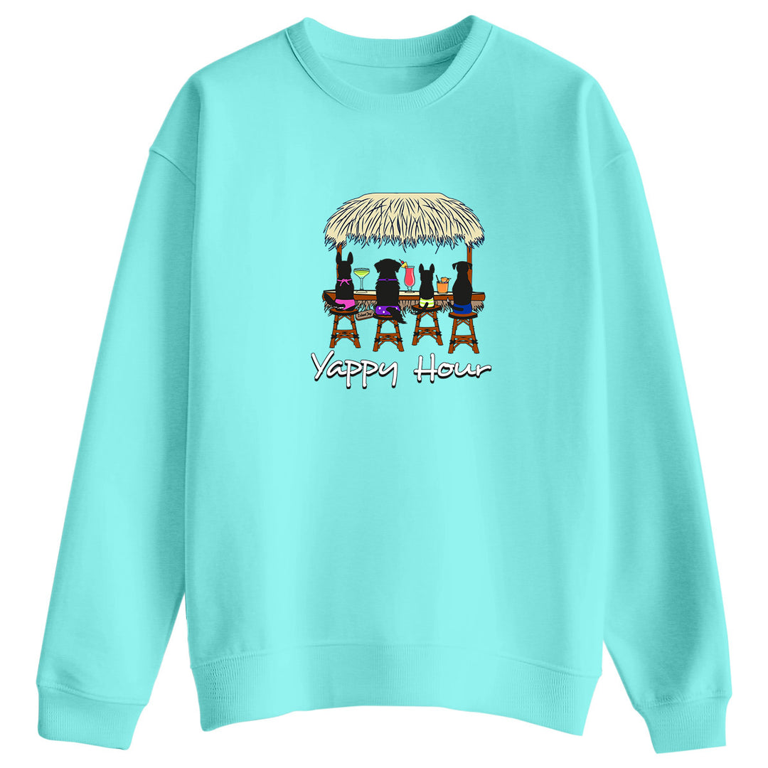 Yappy Hour Beach Dog Sweatshirt, Featuring 4  dogs enjoying drinks at the local beach bar. 