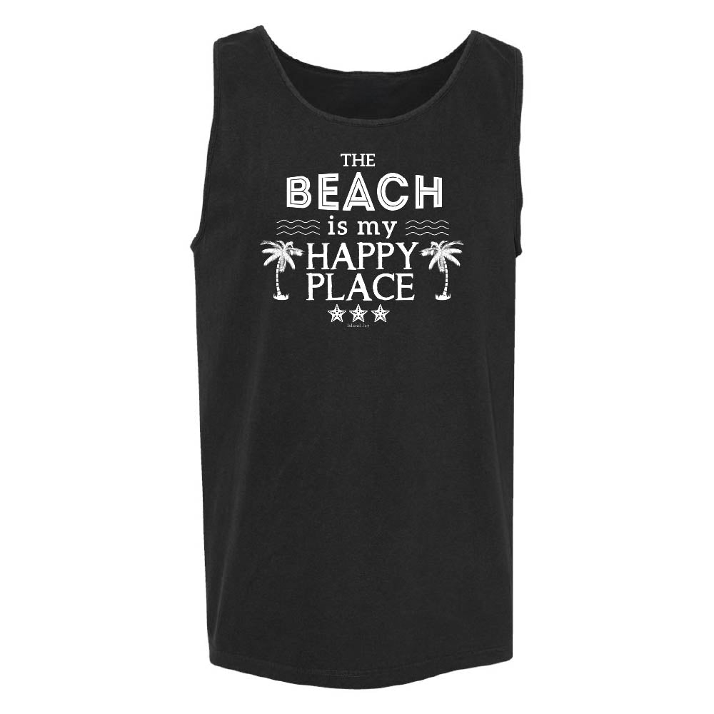 Black tank top with 'The Beach Is My Happy Place' text and palm tree graphics.