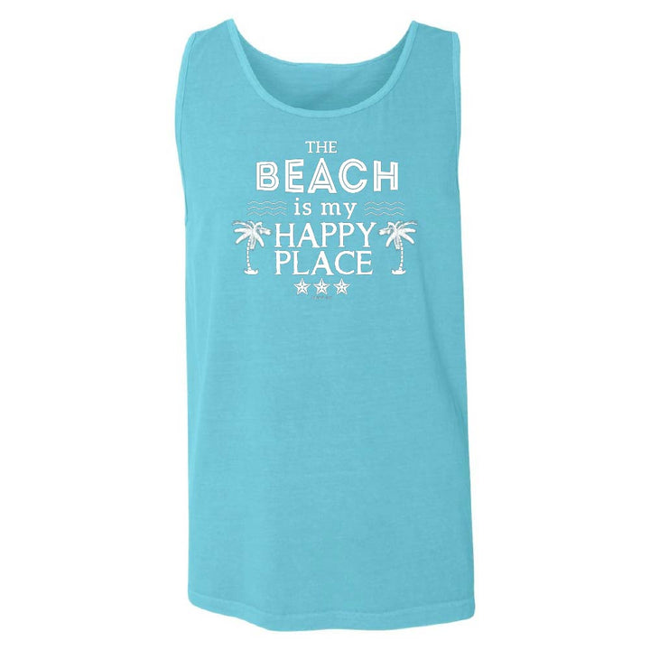 Blue tank top with 'The Beach Is My Happy Place' text and palm tree graphics.