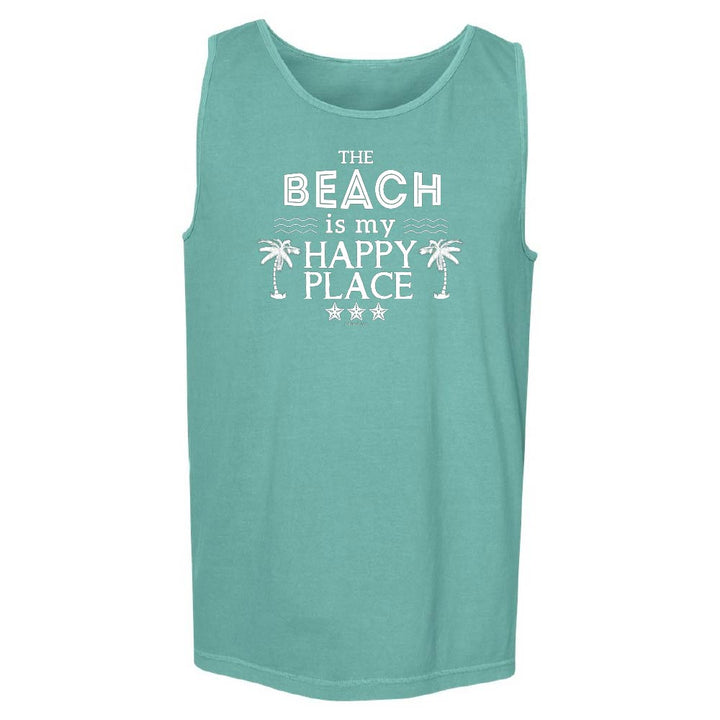 Teal tank top with 'The Beach Is My Happy Place' text and palm tree graphics.