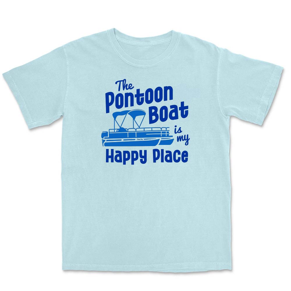 Light blue t-shirt with blue text and pontoon boat graphic on a white background