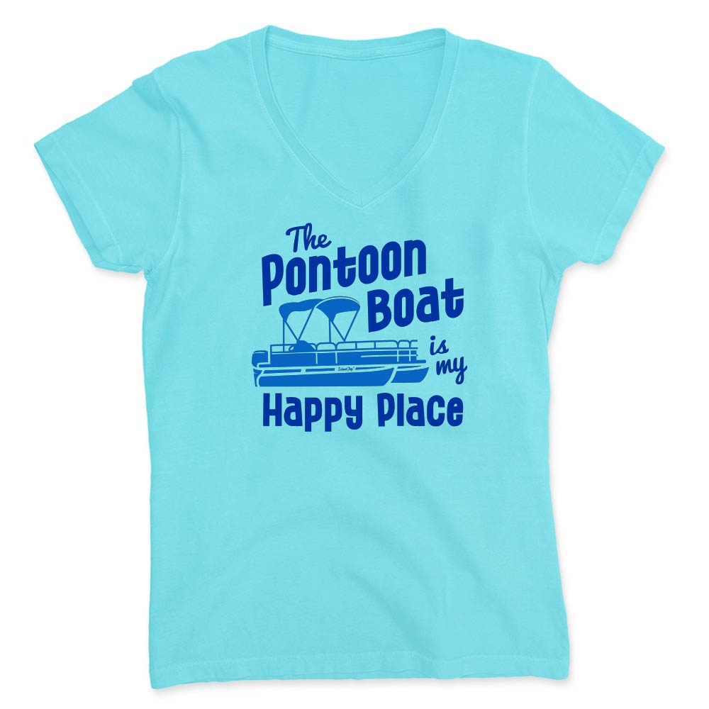 Blue v-neck t-shirt with blue text and pontoon boat graphic.