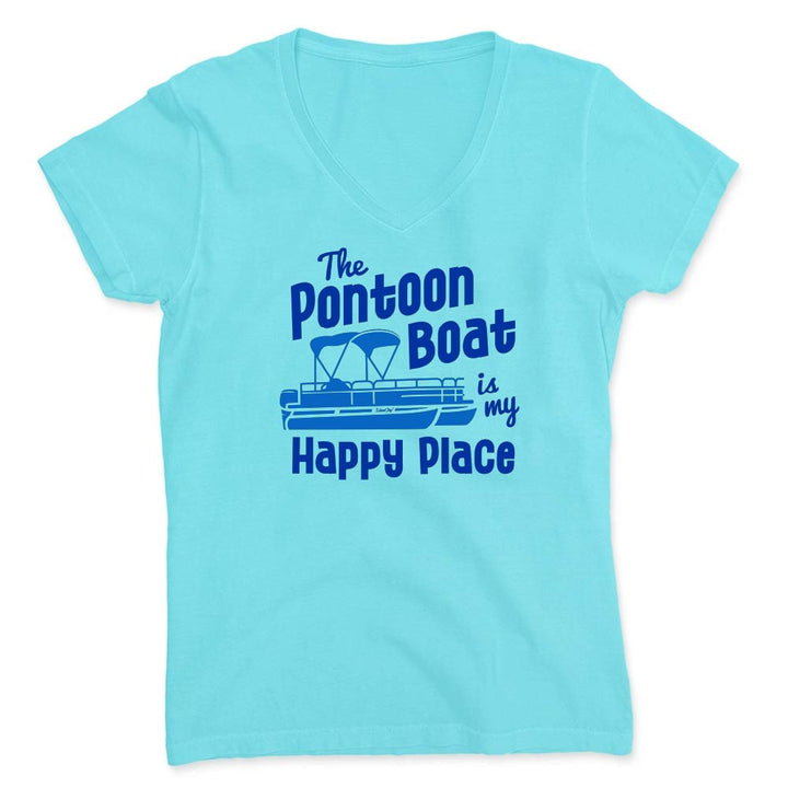 Blue v-neck t-shirt with blue text and pontoon boat graphic.