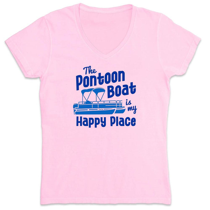 Light pink v-neck t-shirt with blue text and pontoon boat graphic.