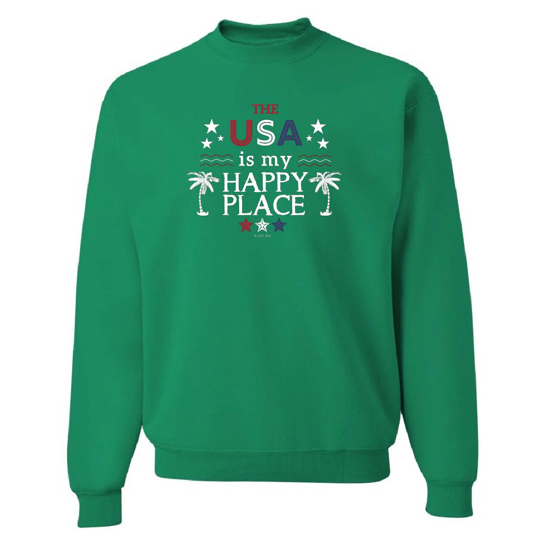 Green sweatshirt with 'The USA is my Happy Place' text and graphics on a white background
